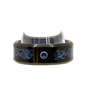 Black Tungsten Celtic Knot Ring With Blue Inlay & Sapphire Crystal Stone Mens Si